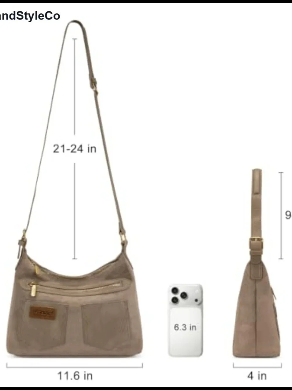 Faux Suede Slouchy Hobo Shoulder Bag Crossbody Purse with Zip Pockets